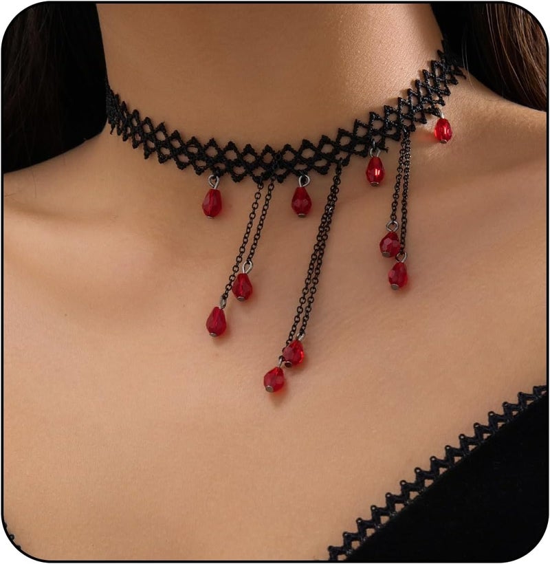 MIFYNN Vintage Gothic Blood Drop Tassel Pendant Necklace Red Water Drop Choker Necklace Punk Style Necklace Dark Tear Drop Y Necklace Halloween Necklace Jewelry for Women - Image 1
